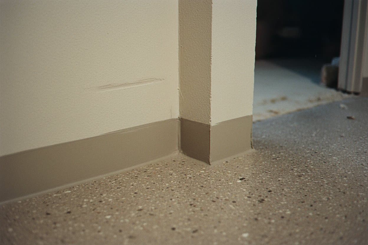 Coved floor edge where flake meets a basement wall