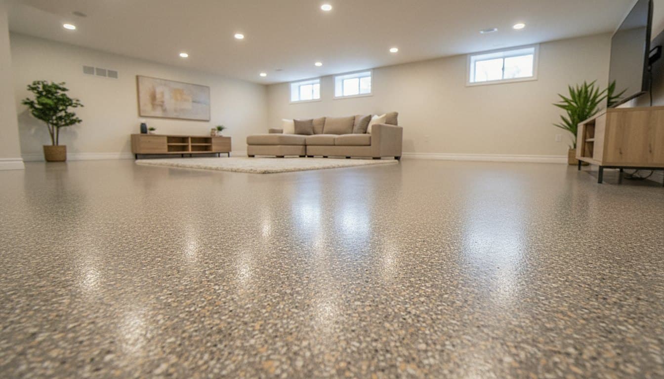 Finished basement with dark flake epoxy floor