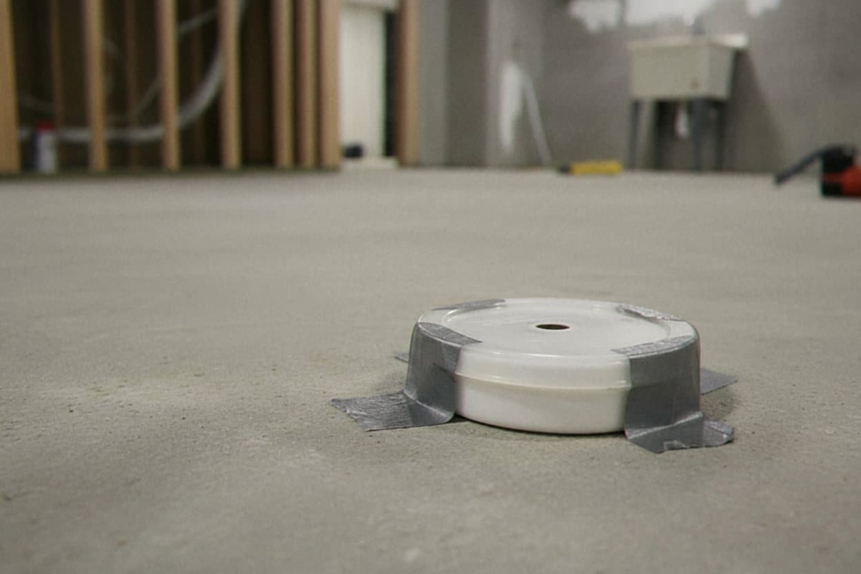 Moisture test disc taped to a bare basement slab