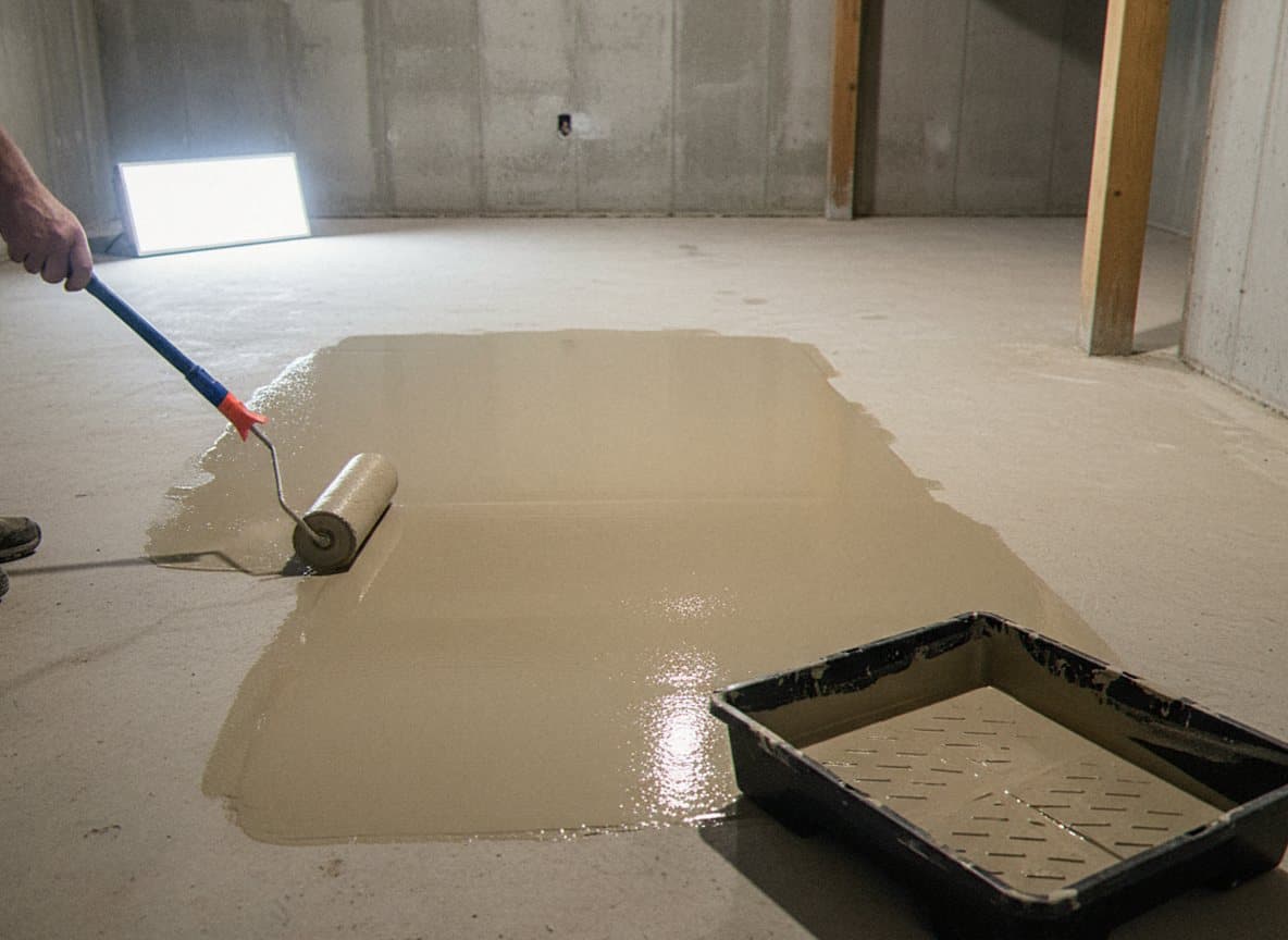 Primer coat rolling across a raw basement floor