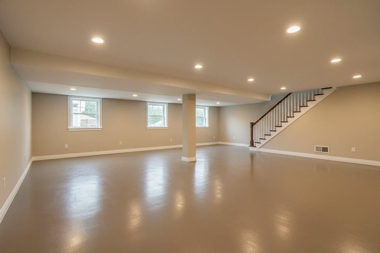 Wide basement room with charcoal flake epoxy coating