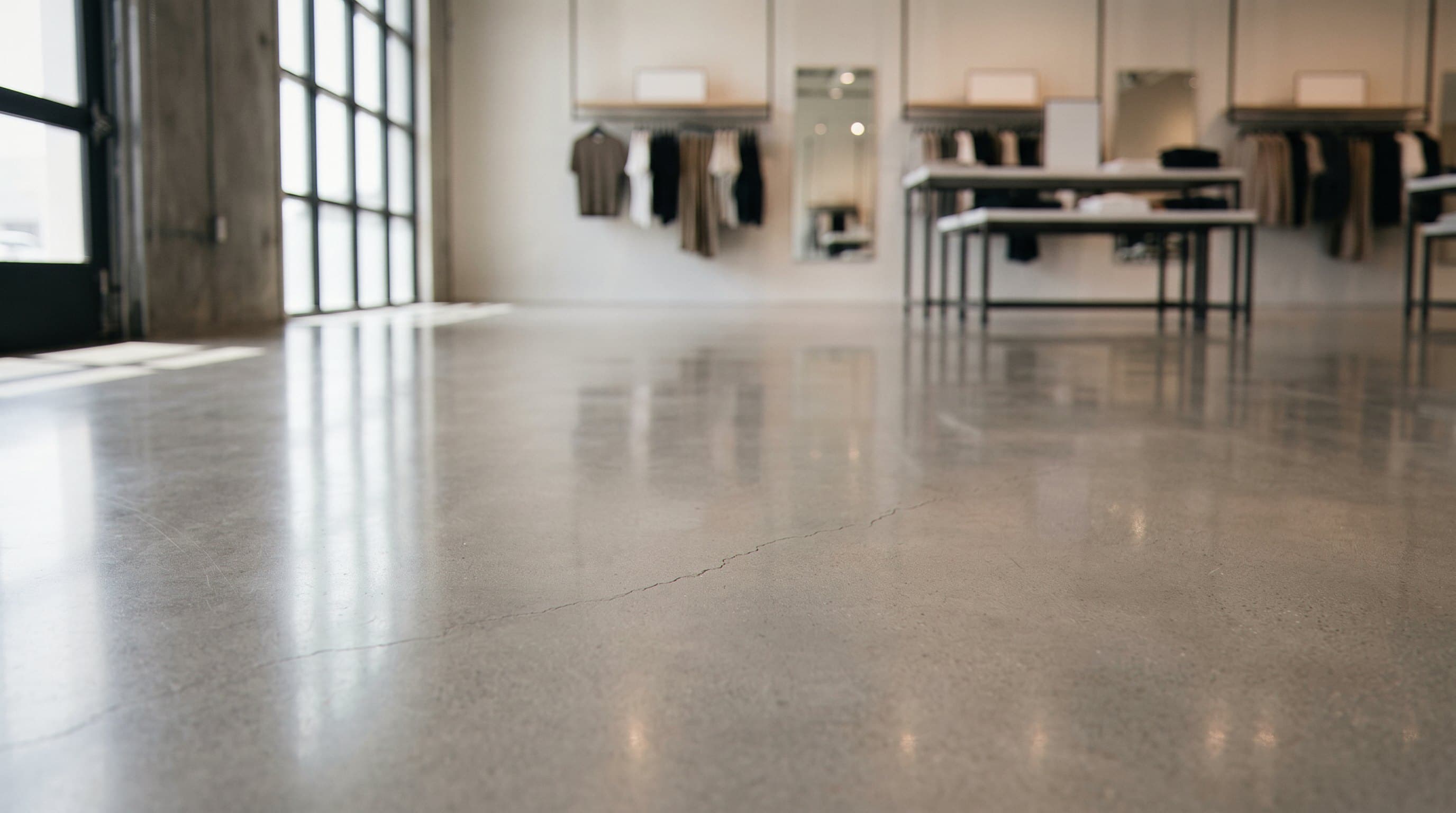 Polished concrete floor showing glossy reflective surface