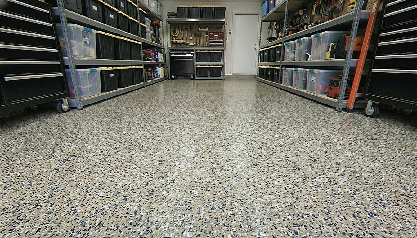 Garage floor with dense vinyl flake epoxy coat