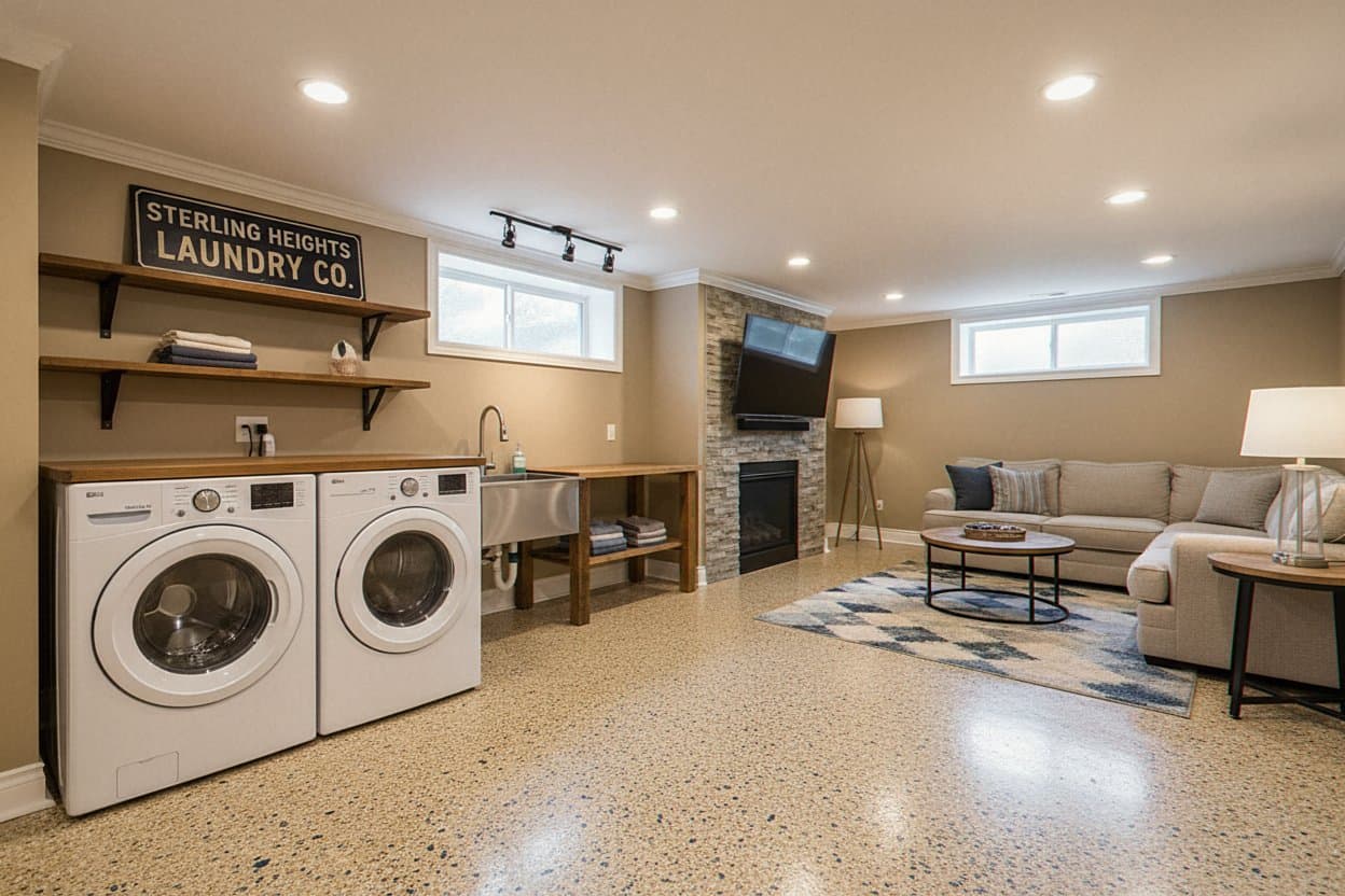 Two-car garage with charcoal and copper flake floor