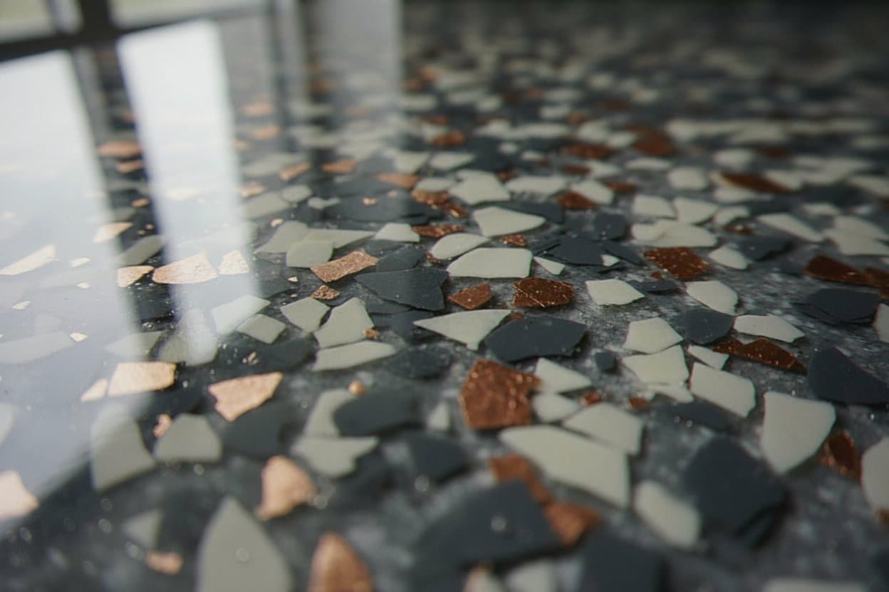 Detail of cured flake topcoat on garage concrete