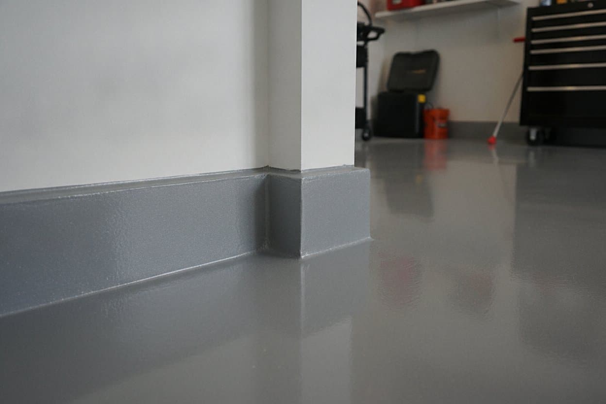 Coved base edge on a finished epoxy garage floor
