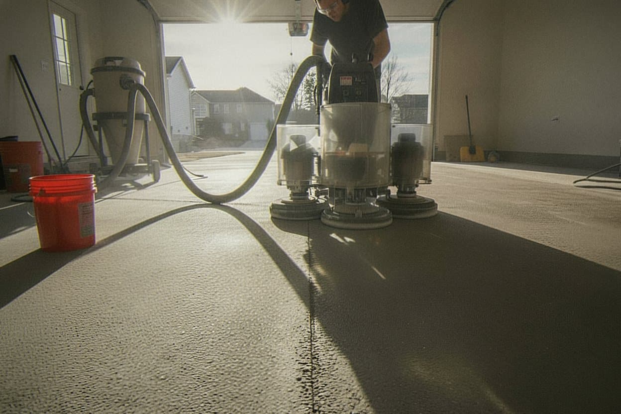 Diamond grinder opening a bare garage slab