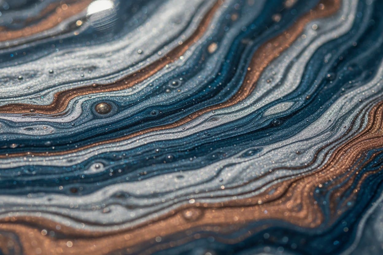 Close mica swirl in cured copper and slate epoxy