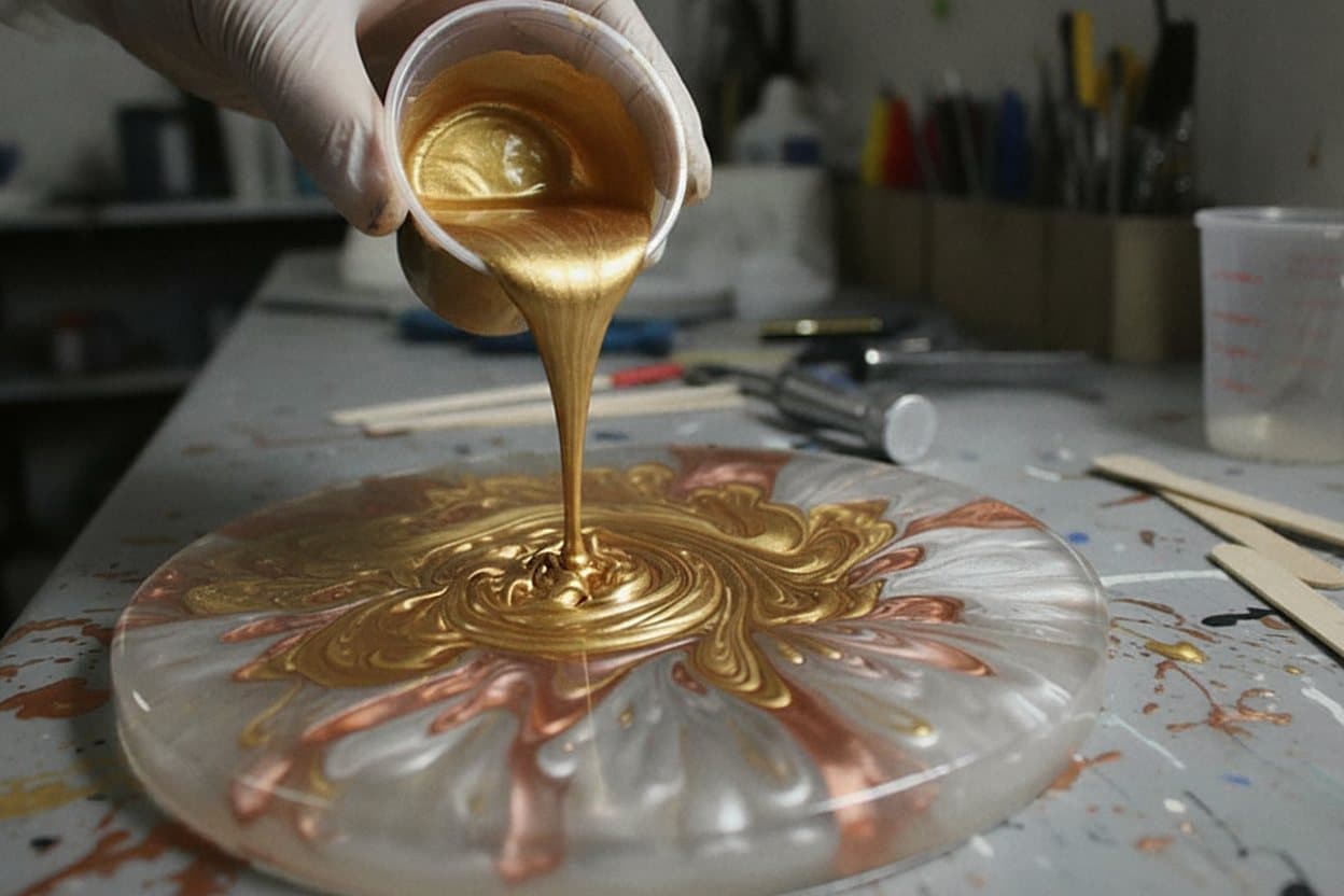 Trowel spreading wet copper metallic epoxy on slab