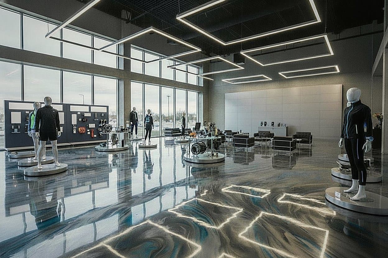 Wide room view of a cured copper metallic floor