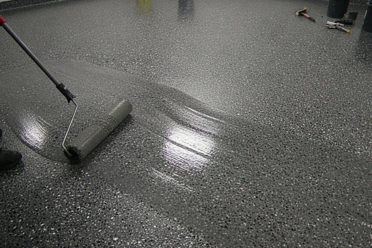 Roller laying clear polyaspartic over a flake base