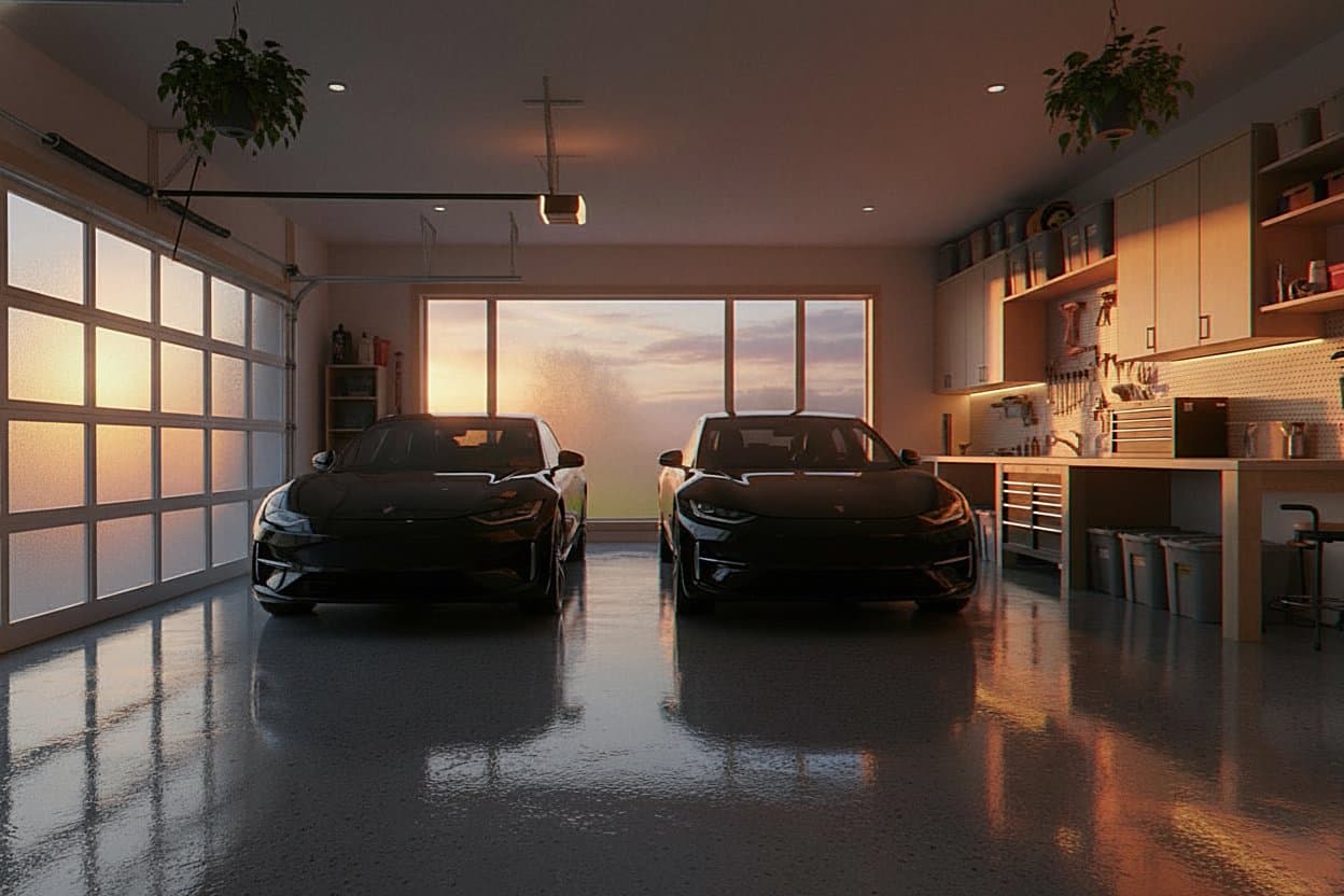 Two-car garage with polyaspartic-sealed flake floor